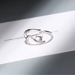 925 Sterling Silver Sticky Cat With Long Tail Finger Ring. Adjustable Ring